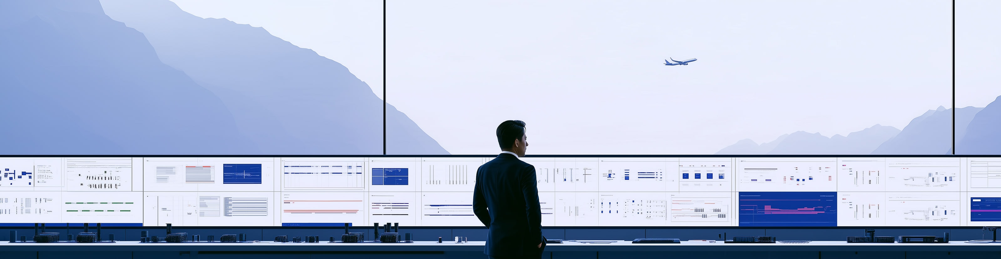 A person standing in front of a long wall of monitors in a control room; mountains and a plane in the sky beyond the window.